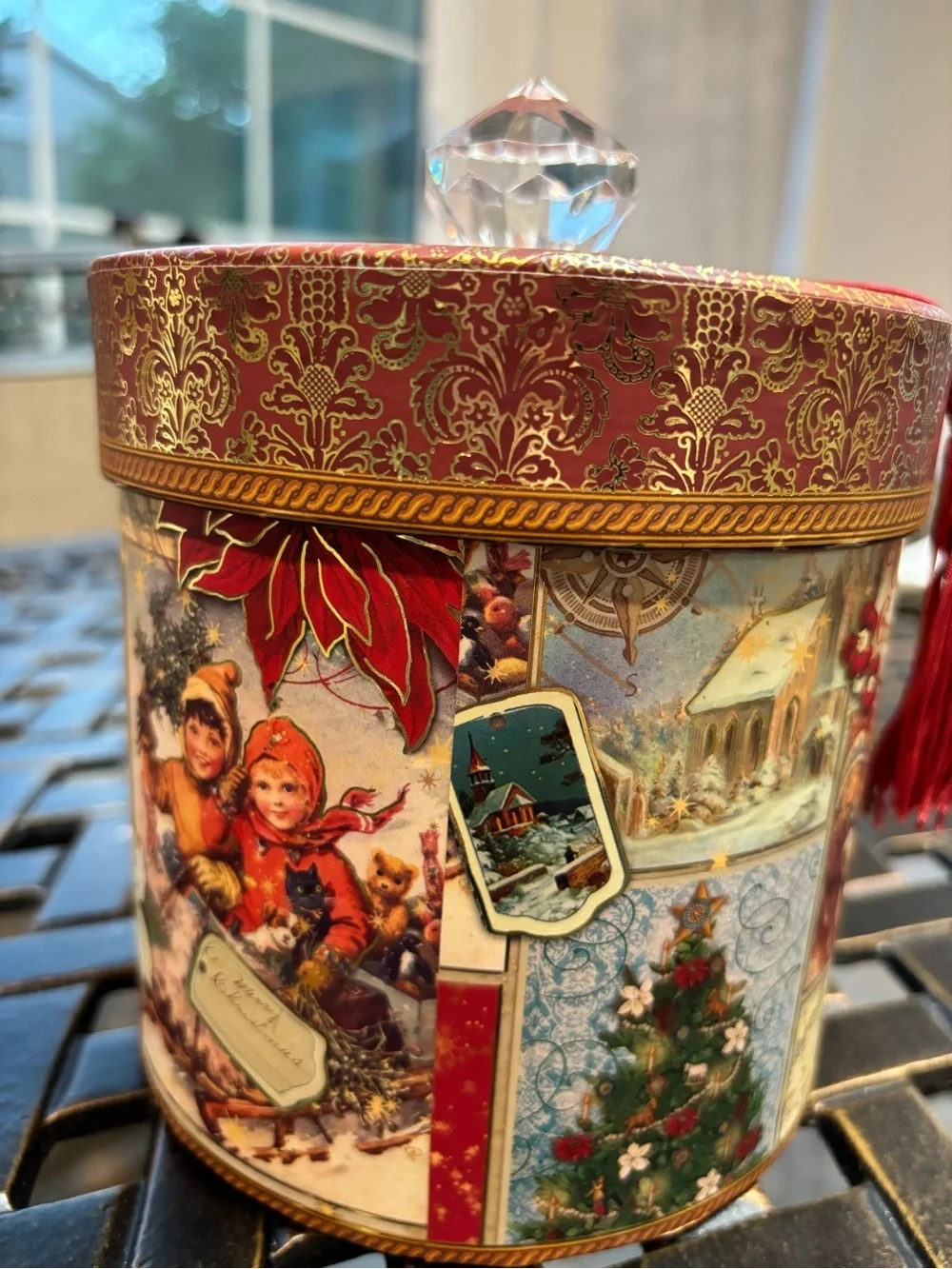 Holiday Decorative Tin with Crystal Knob and Red Tassel